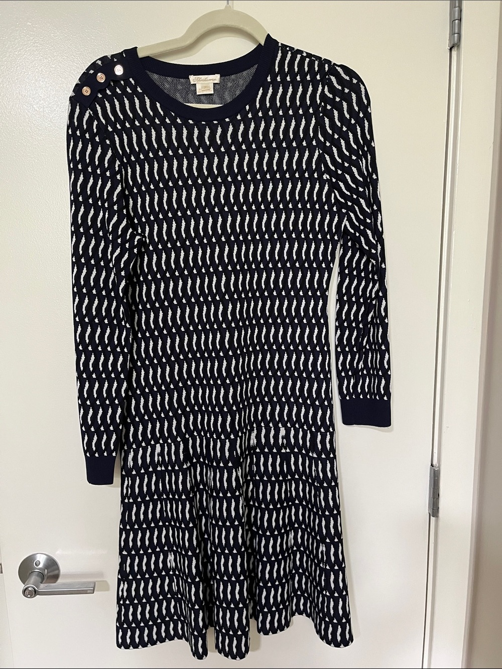 Shoshanna Navy & White Button-Shoulder Long Sleeve Knit Dress